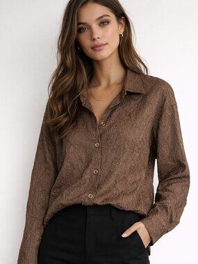 House of Harlow Brown Blouse Button Down Office Business Casual Capsule Small